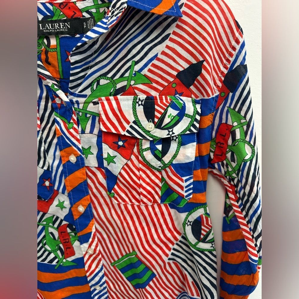 Lauren Ralph Lauren 100% Cotton Nautical Print Button Front Voile Shirt Size S - Picture 15 of 15